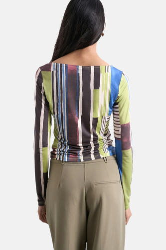 Multicolor T-shirt met lange mouwen van TOPSHOP, met een geometrisch streepjespatroon en gedrapeerde details aan de zijkant.