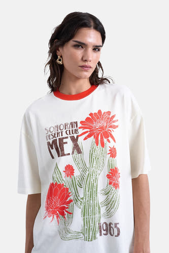 T-shirt écru à manches courtes de TOPSHOP, avec col rouge et imprimé cactus graphique.