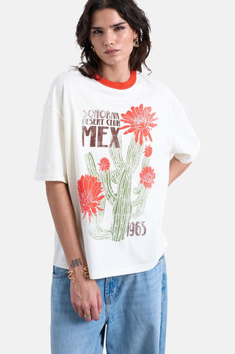 T-shirt écru à manches courtes de TOPSHOP, avec imprimé cactus et détails orange au col.