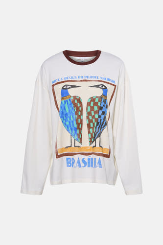 Wit T-shirt met lange mouwen van TOPSHOP met kleurrijke illustratie van vogels en de tekst "Brasilia".

