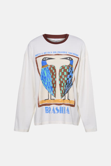 T-shirt blanc à manches longues TOPSHOP avec illustration colorée d'oiseaux et le texte "Brasilia".