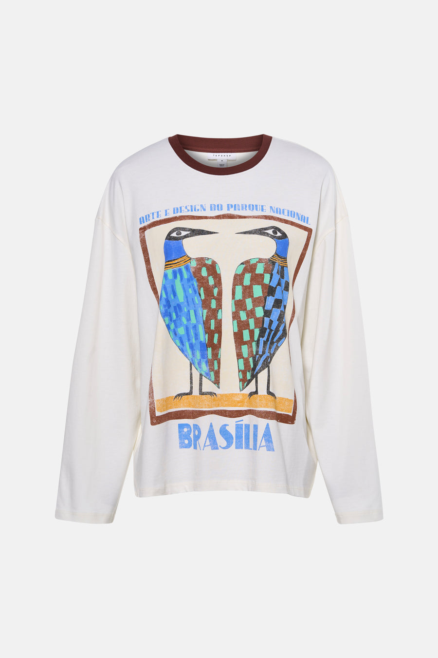 Wit T-shirt met lange mouwen van TOPSHOP met kleurrijke illustratie van vogels en de tekst "Brasilia".
