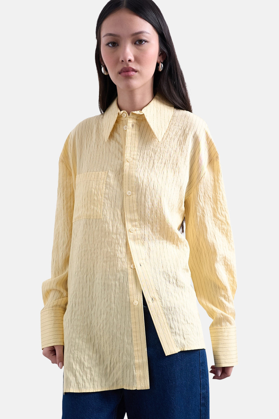 Geel hemd met lange mouwen van TOPSHOP, met verticale strepen en een borstzak.