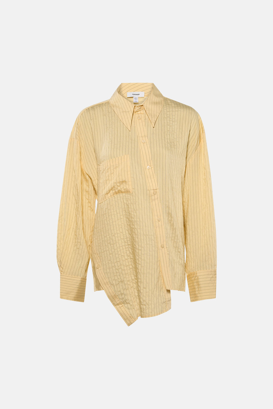 Chemise jaune à rayures à manches longues de TOPSHOP, avec une poche poitrine et un ourlet asymétrique.