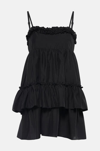 Robe noire sans manches TOPSHOP avec fines bretelles, volants à l'encolure et jupe superposée.