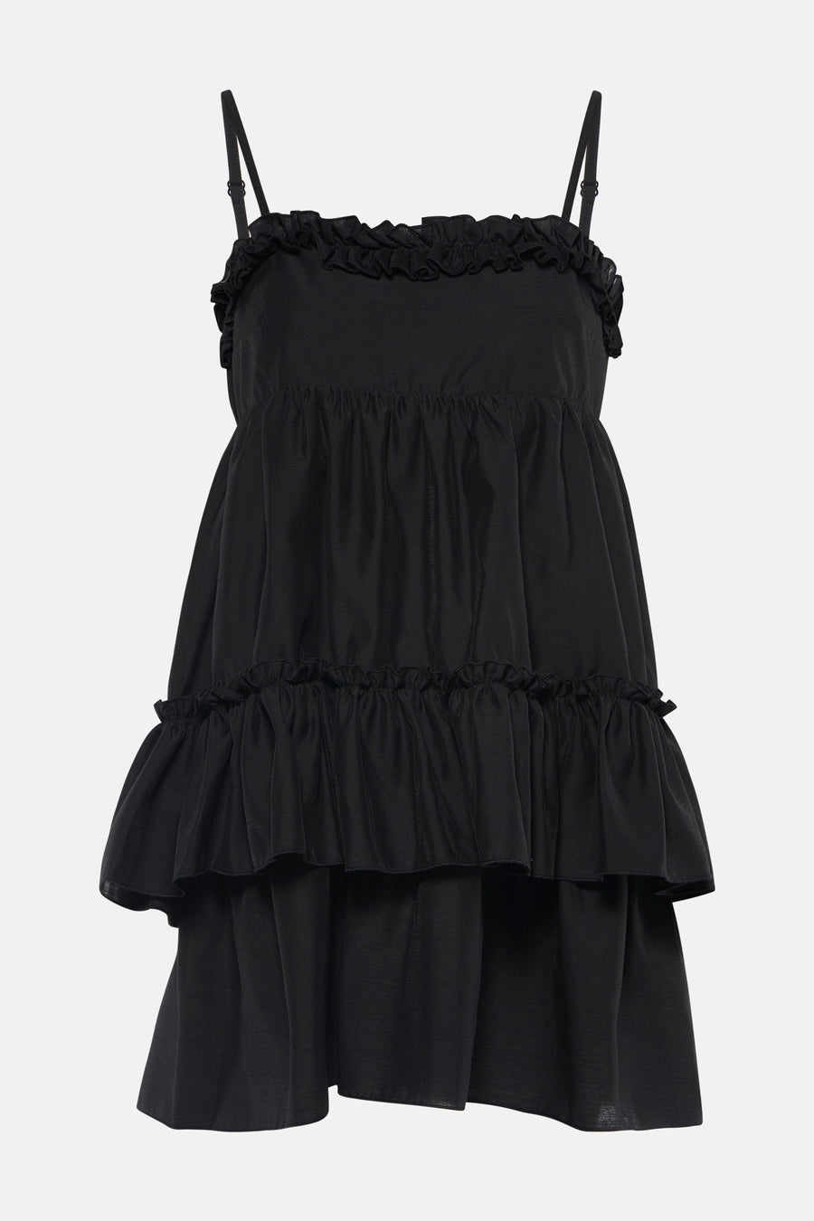 Robe noire sans manches TOPSHOP avec fines bretelles, volants à l'encolure et jupe superposée.
