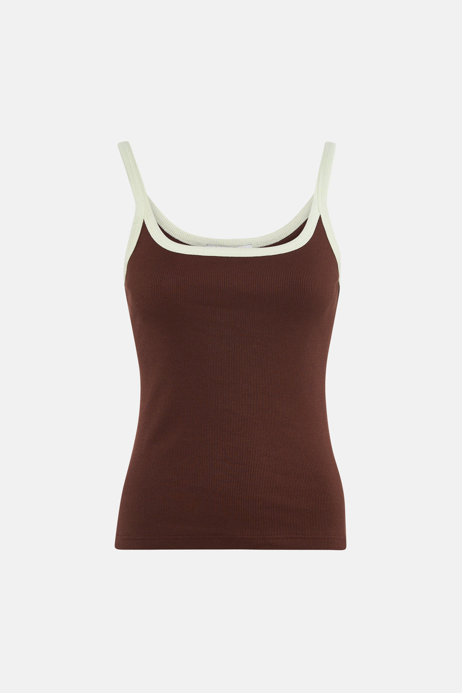 Bruine geribbelde singlet van TOPSHOP met contrasterende lichtgekleurde schouderbandjes en halslijn.