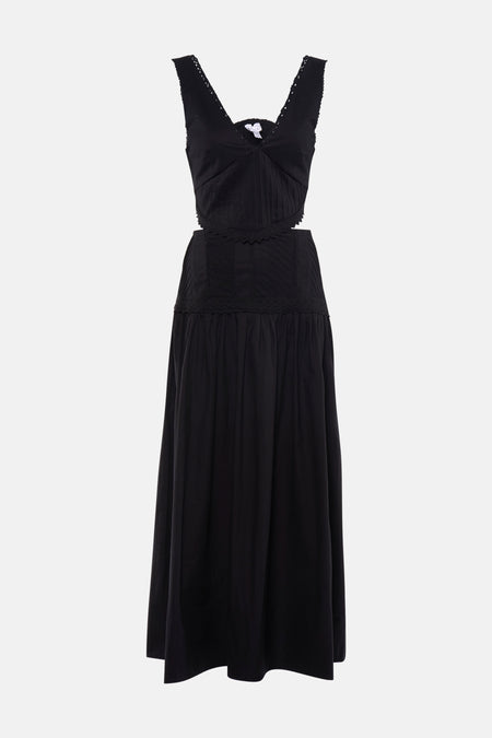 Robe noire sans manches TOPSHOP avec col en V, bordure en dentelle, taille plissée et découpes.