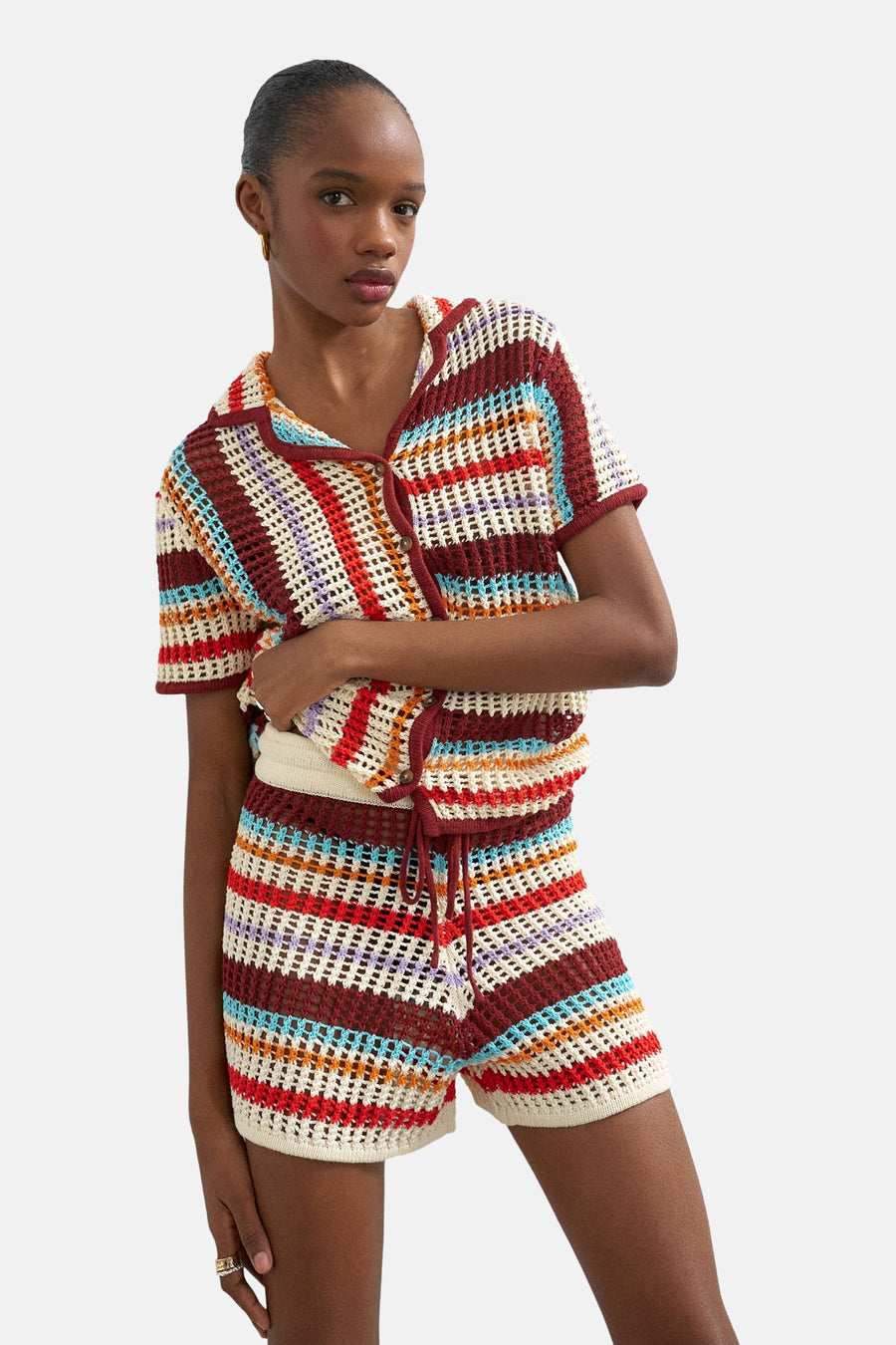 Paarse short van TOPSHOP met een gestreept patroon en trekkoorddetail.