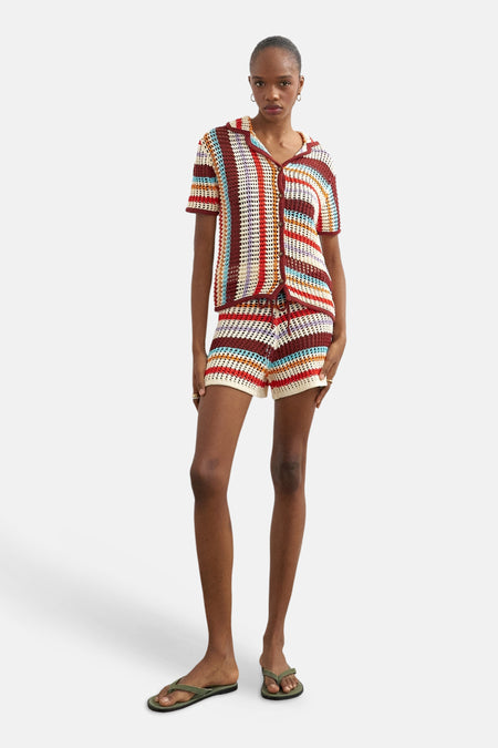 Short violet de TOPSHOP, avec un motif rayé au crochet et un cordon de serrage à la taille.