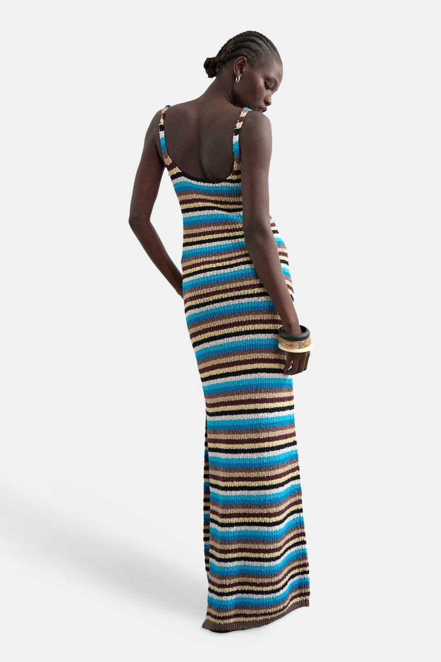 Multikleurige kleedje zonder mouwen van TOPSHOP, met horizontale strepen in blauw, bruin en geel.