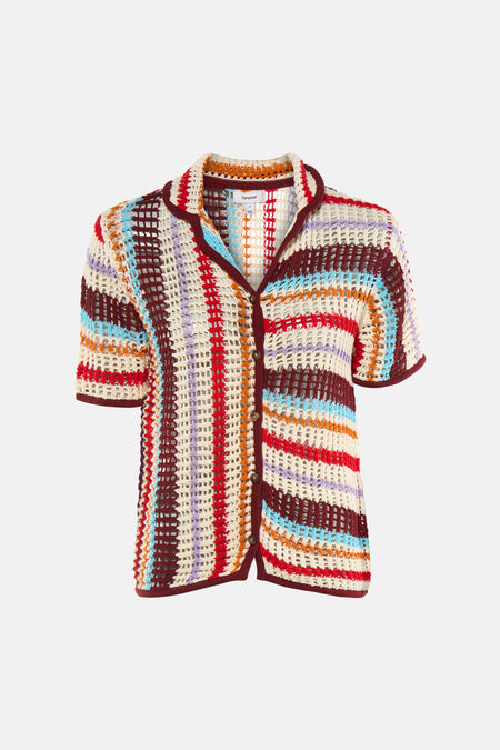 Multicolor opengewerkte gehaakte pull van TOPSHOP met korte mouwen, een kraag en knoopsluiting.