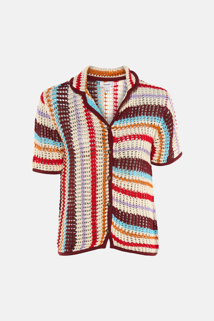 Multicolor opengewerkte gehaakte pull van TOPSHOP met korte mouwen, een kraag en knoopsluiting.
