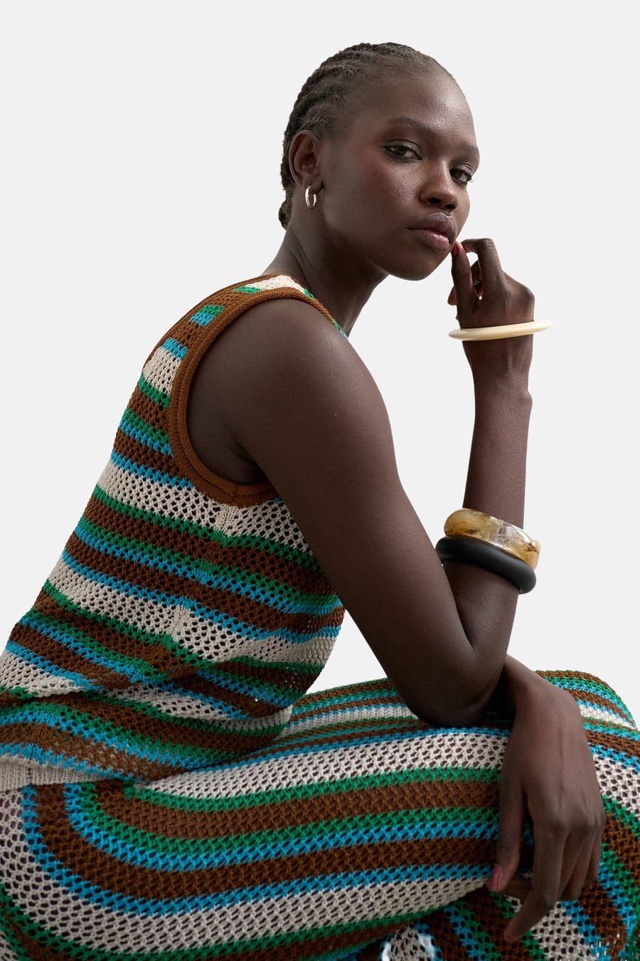 Multikleurige top zonder mouwen van TOPSHOP, met een gestreept, gehaakt ontwerp in bruin, blauw, groen en wit.