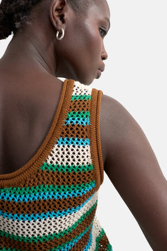 Multikleurige top zonder mouwen van TOPSHOP, met een gehaakt gestreept patroon in bruin, groen, blauw en wit.