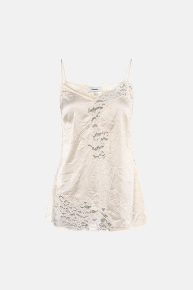 Ecru mouwenloze blouse van TOPSHOP met satijnachtige look, kreukelige textuur en kanten details bij hals en zoom.