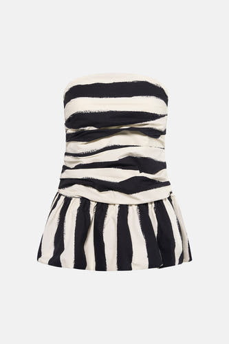 Blouse bustier noir et blanc de TOPSHOP avec motif à rayures irrégulières, corsage plissé et ourlet péplum.