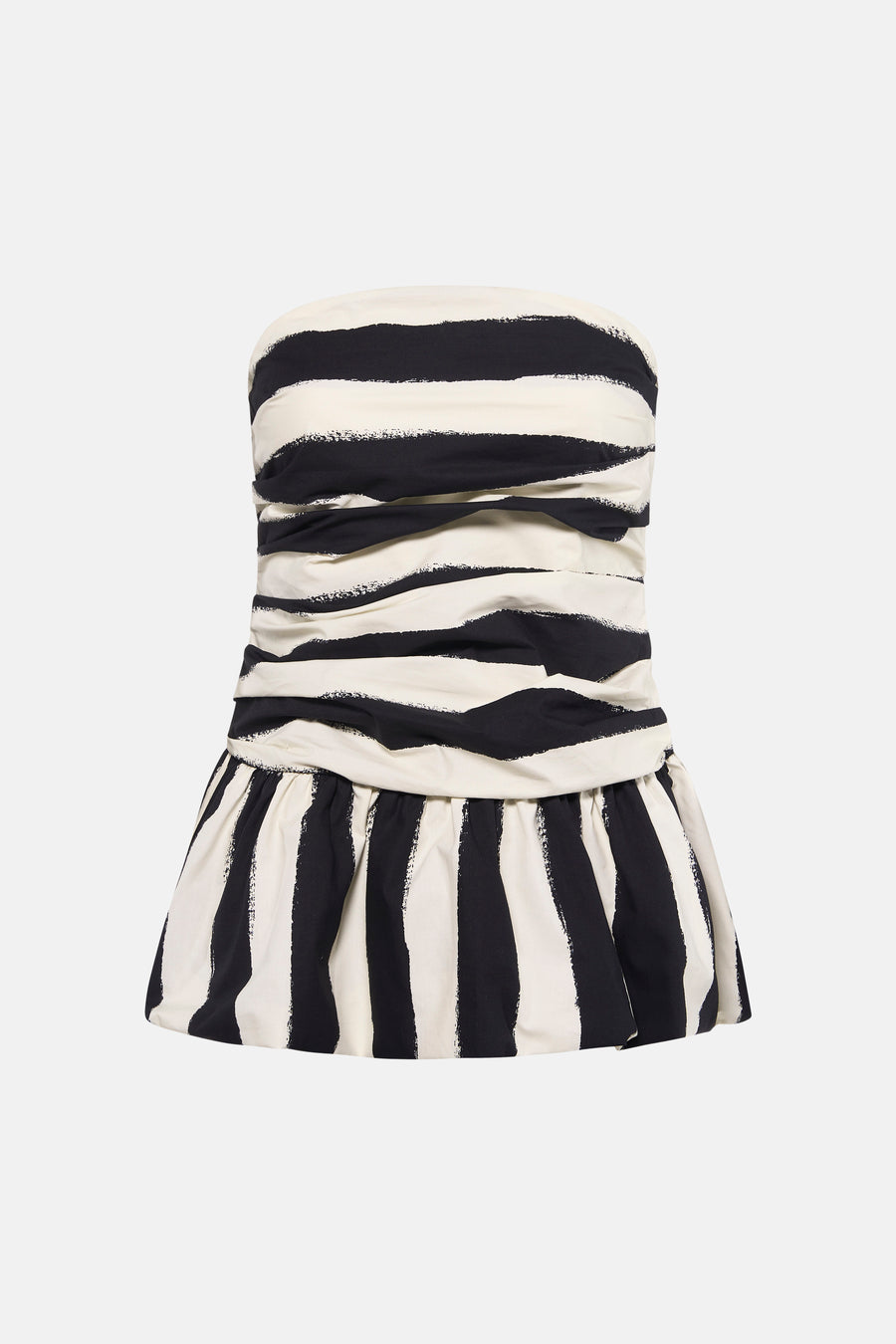 Blouse bustier noir et blanc de TOPSHOP avec motif à rayures irrégulières, corsage plissé et ourlet péplum.