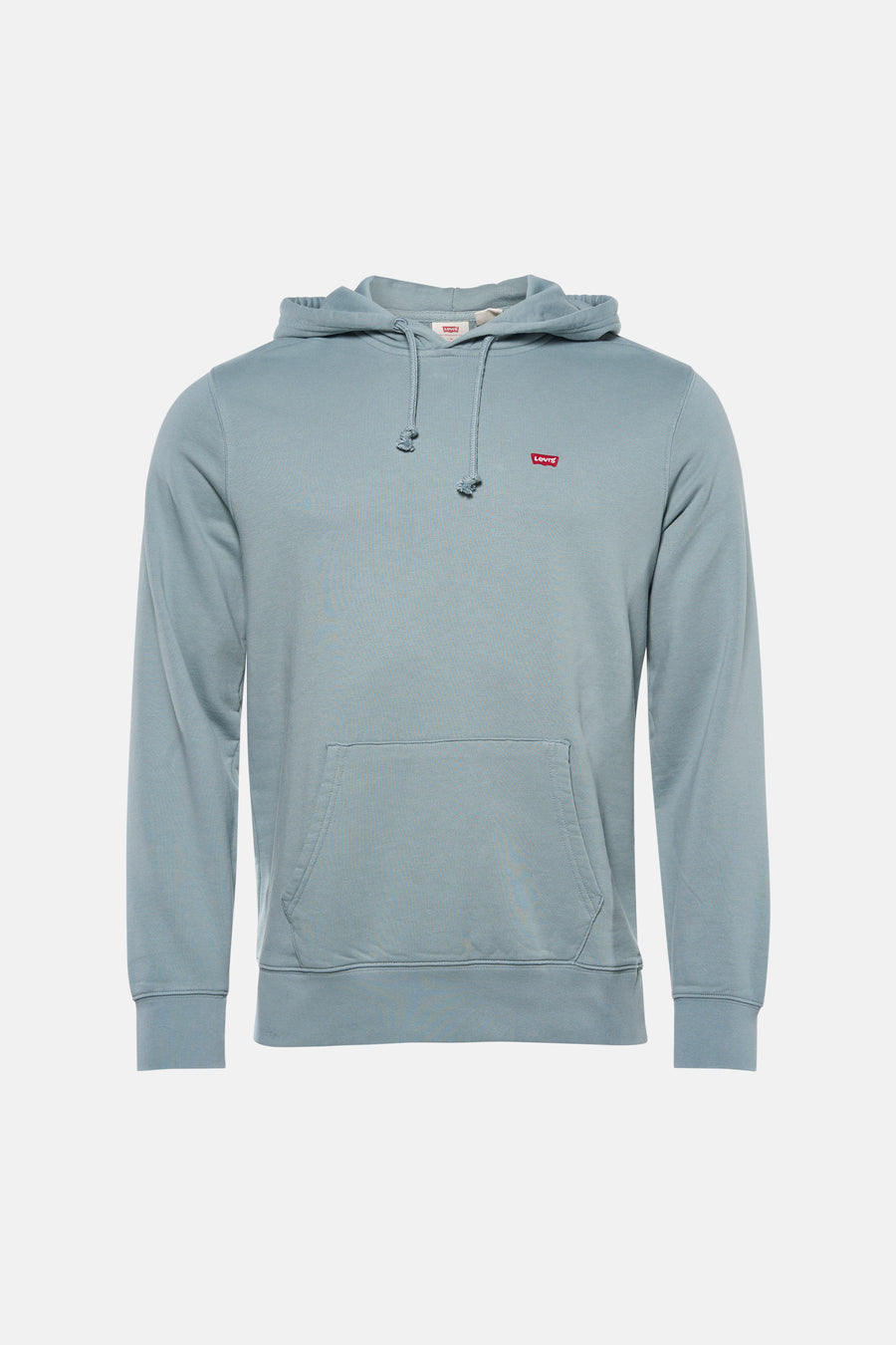 Blauwe sweater met kap van Levi's, met trekkoorden en een klein logo op de borst.
