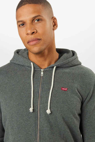 Pull gris à fermeture éclair de Levi's, avec des cordons blancs et un petit logo de marque rouge.