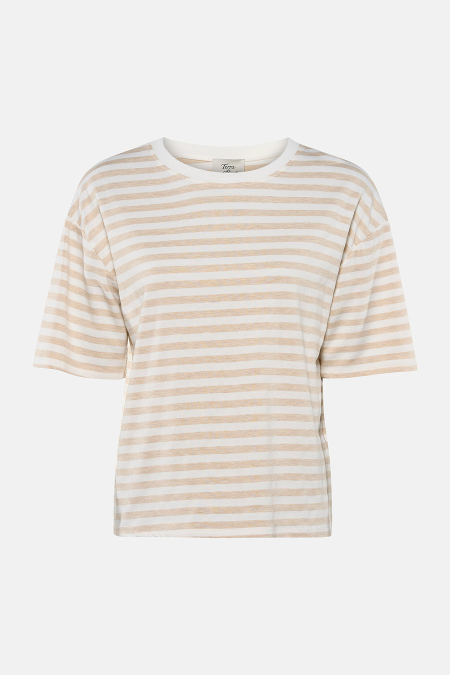 Gestreept T-shirt in beige en wit van Terra di Siena met korte mouwen en ronde hals.