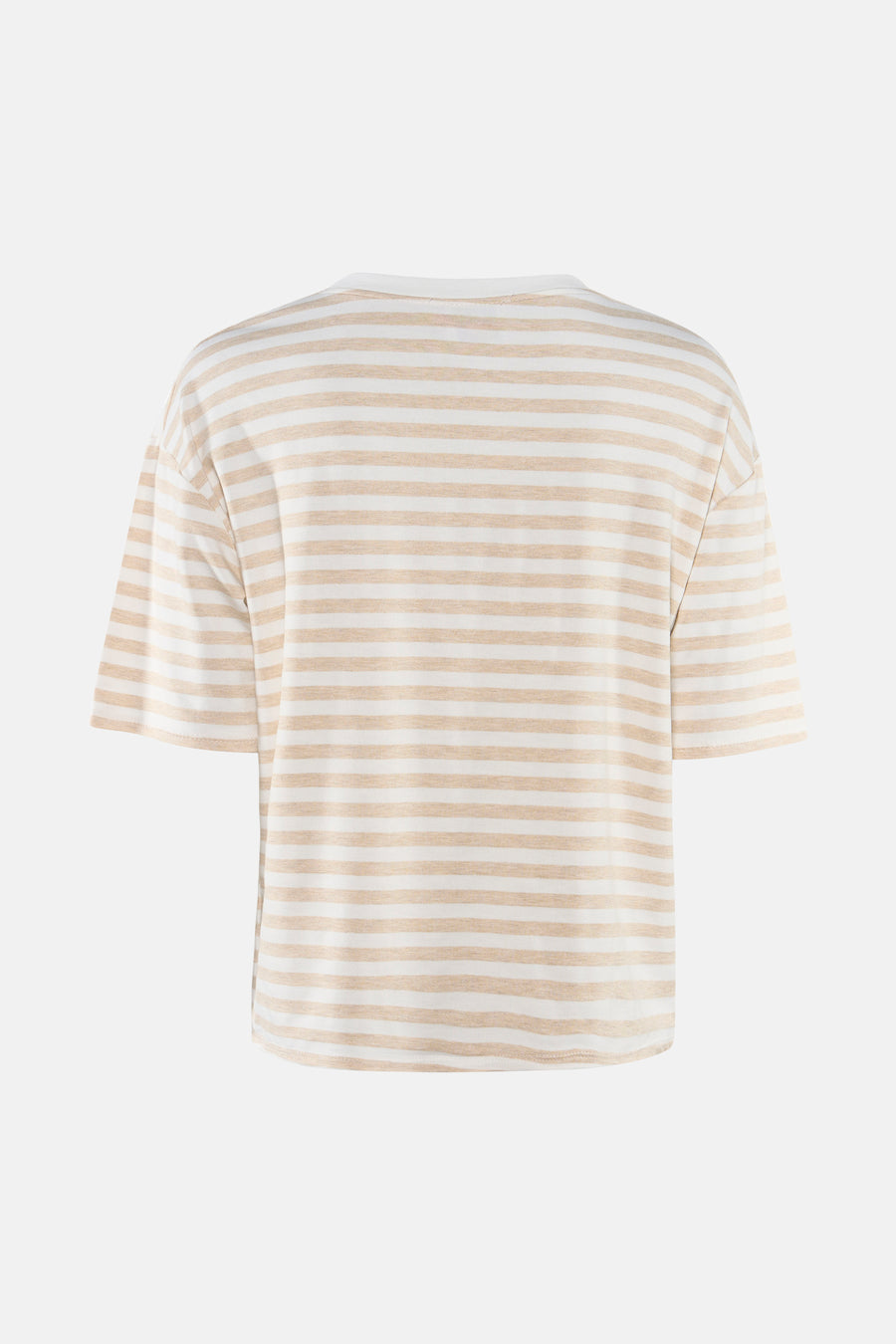 Beige T-shirt met korte mouwen van Terra di Siena met een gestreept patroon in beige en wit, gezien van de rugzijde.