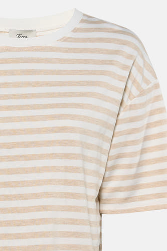 Beige en wit gestreepte T-shirt van Terra di Siena met ronde hals en korte mouwen.