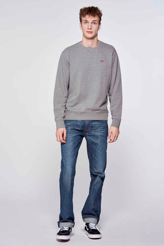 Grijze sweater van Levi's, met lange mouwen en ronde hals, gecombineerd met blauwe jeans en zwarte sneakers.
