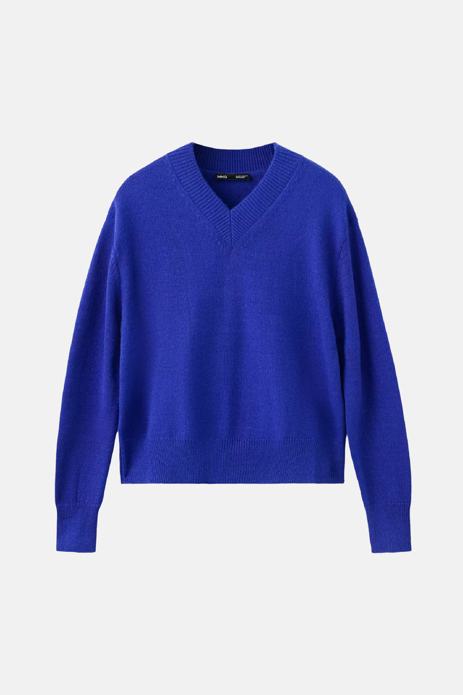 Blauwe V-hals trui van MANGO, gebreid met ribboorden aan kraag, mouwen en zoom, front view