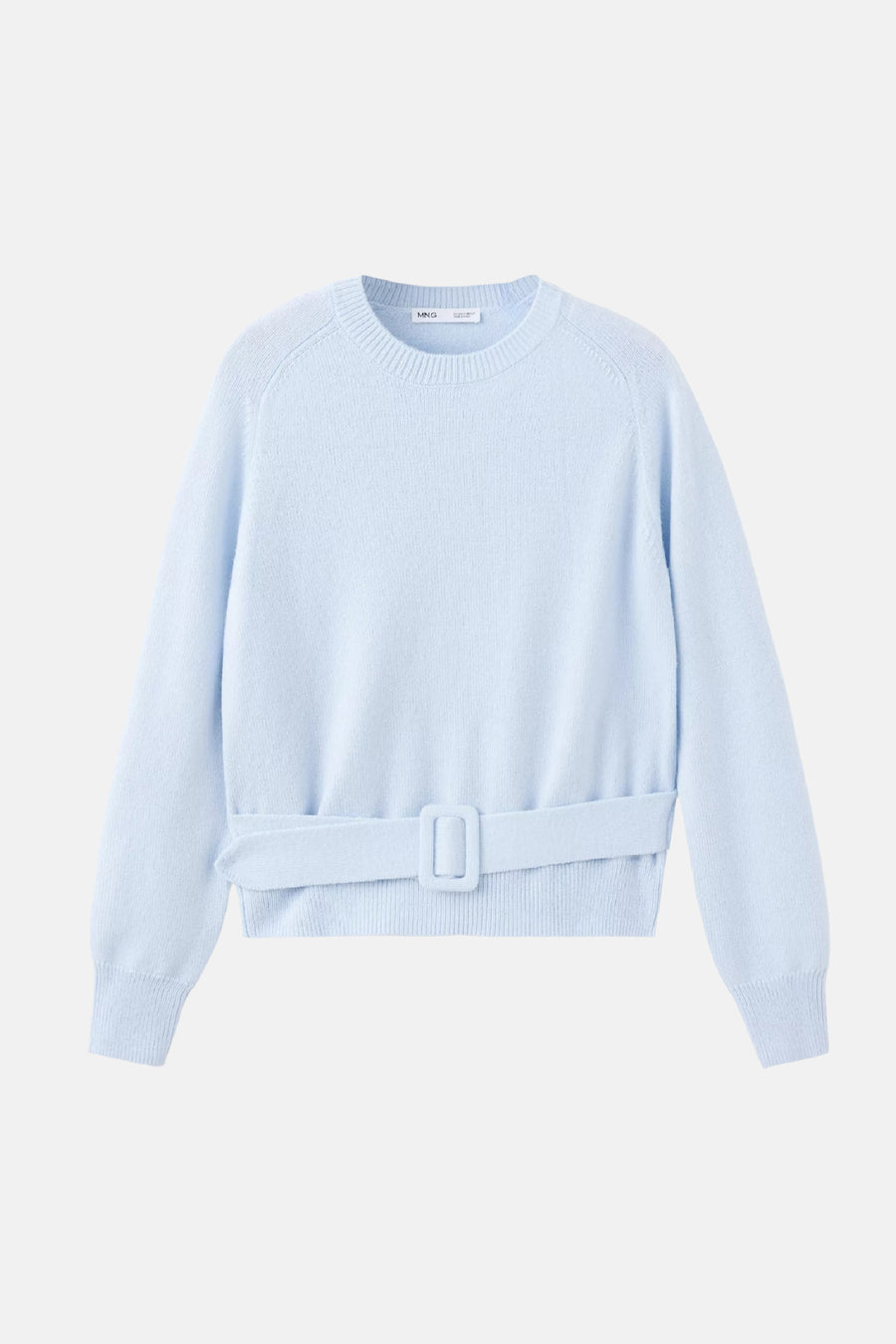 Lichtblauwe ronde hals trui van MANGO met riem en knoopdetail, voorzijde weergave
