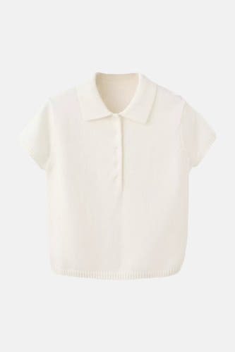 Ecru korte mouwen pull met polo kraag en knoopsluiting van MANGO, fijn gebreid, voordeelgezicht