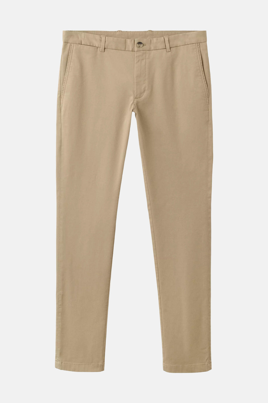 Beige chino broek van MANGO, slanke pasvorm, voorzijde met knoop en zakken, effen stof, front view