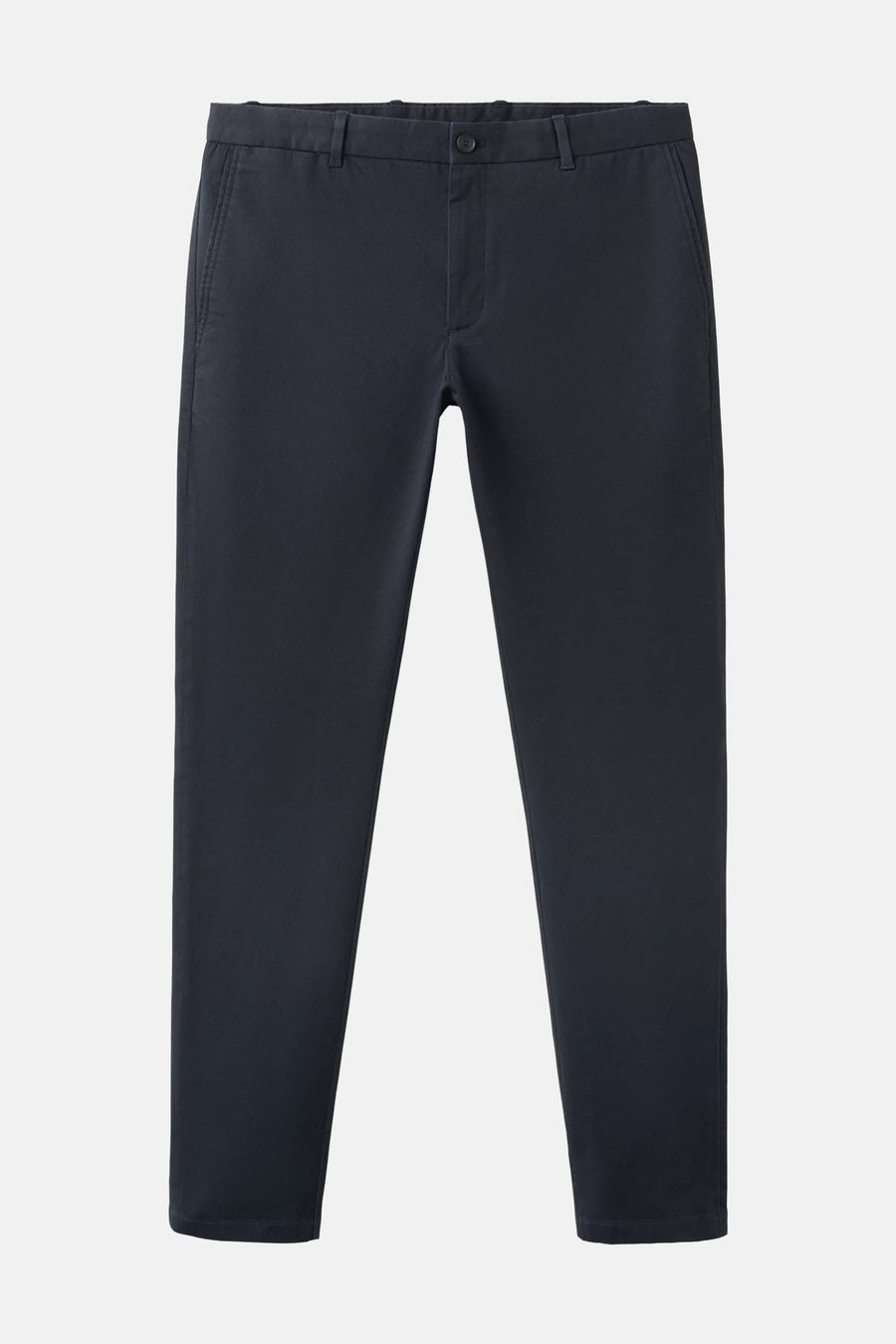 Blauwe chino broek van MANGO, slanke pasvorm, front view, gladde stof, klassieke zakken