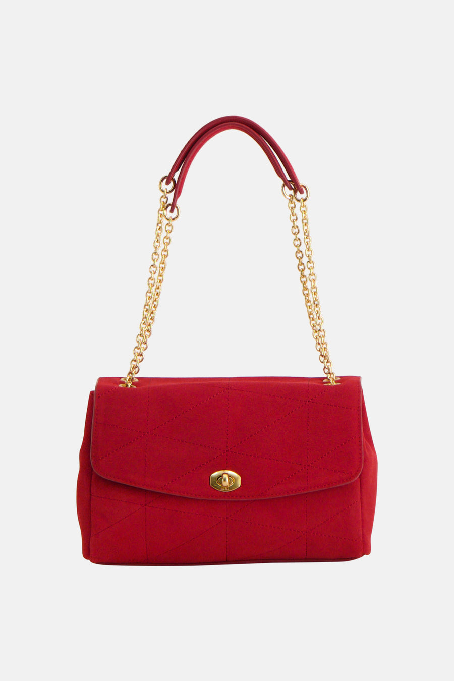 Rode schoudertas van fluweel met gouden ketting en ruitstiksel, van MANGO, front view
