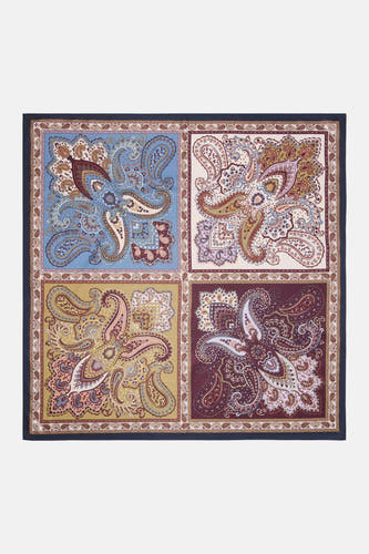 Multicolor zomersjaal met paisley print en donkerblauwe rand van MANGO, vierkant model in heldere tinten
