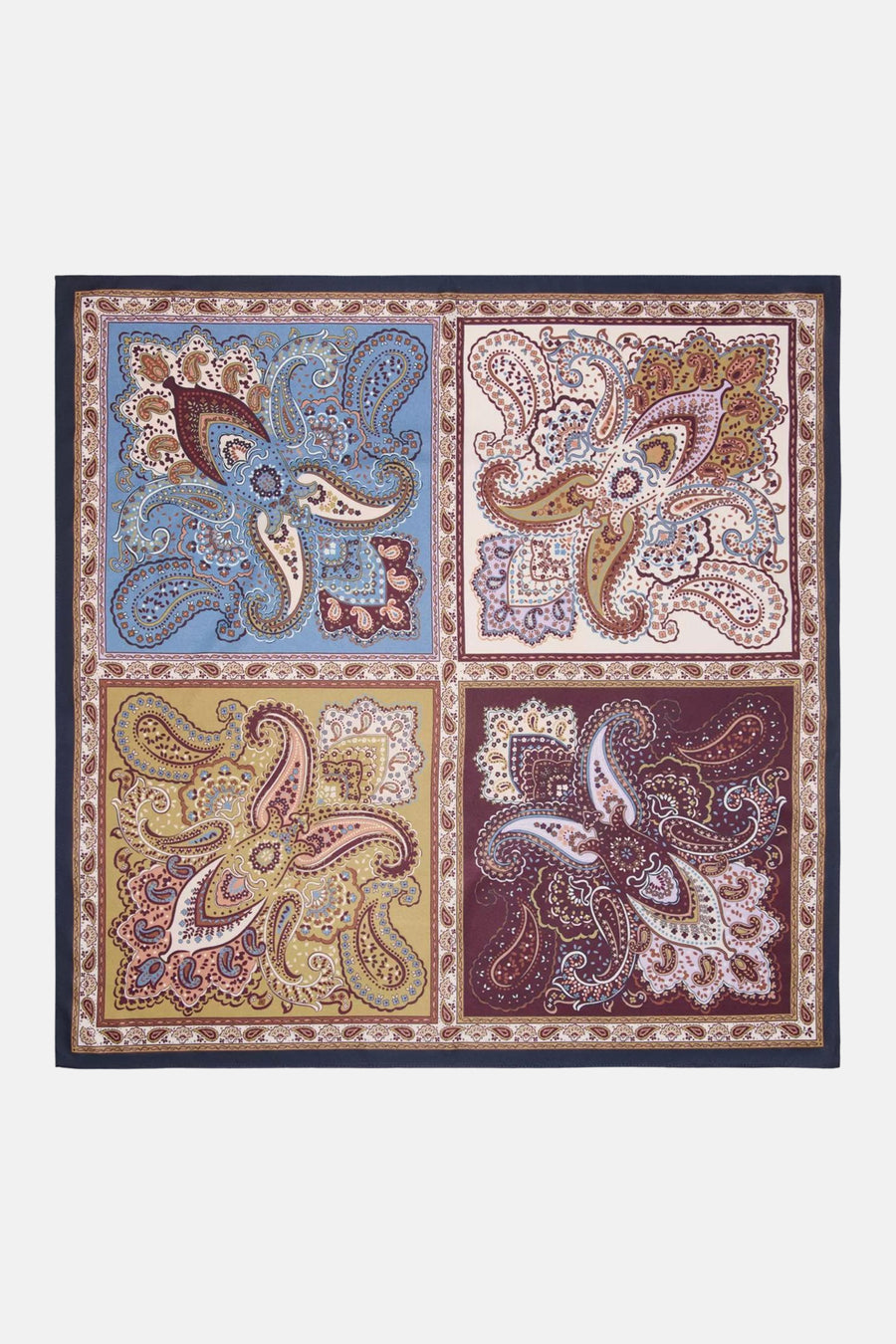 Multicolor zomersjaal met paisley print en donkerblauwe rand van MANGO, vierkant model in heldere tinten