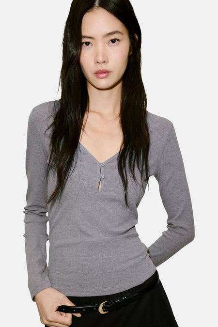 Top uni manche longue gris - MANGO