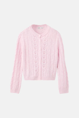 Roze gebreide gilet met kabelpatroon van MANGO, voorzien van knopen en ronde hals, front view