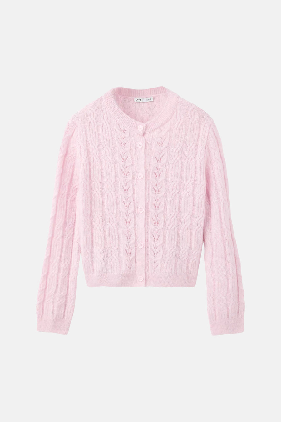 Roze gebreide gilet met kabelpatroon van MANGO, voorzien van knopen en ronde hals, front view