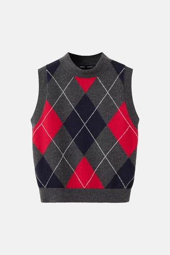 Multicolor argyle gilet van MANGO, grijze basis met rode en donkerblauwe ruitjes, gebreid, front view