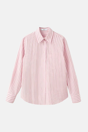 Roze gestreept overhemd met lange mouwen van MANGO, voorzien van borstzakje en knoopsluiting, front view