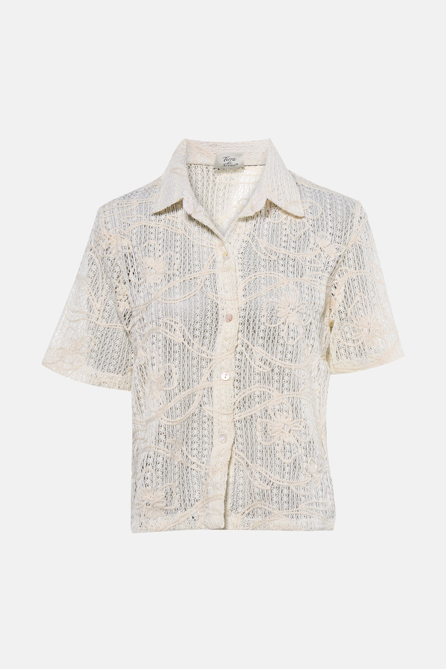 Beige blouse met korte mouwen van Terra di Siena, met bloemmotief en knoopsluiting.
