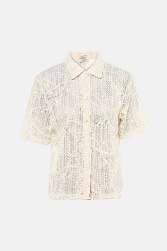 Beige gehaakte blouse met korte mouwen van Terra di Siena, met kraag, knoopsluiting en een sierlijk open-patroon.