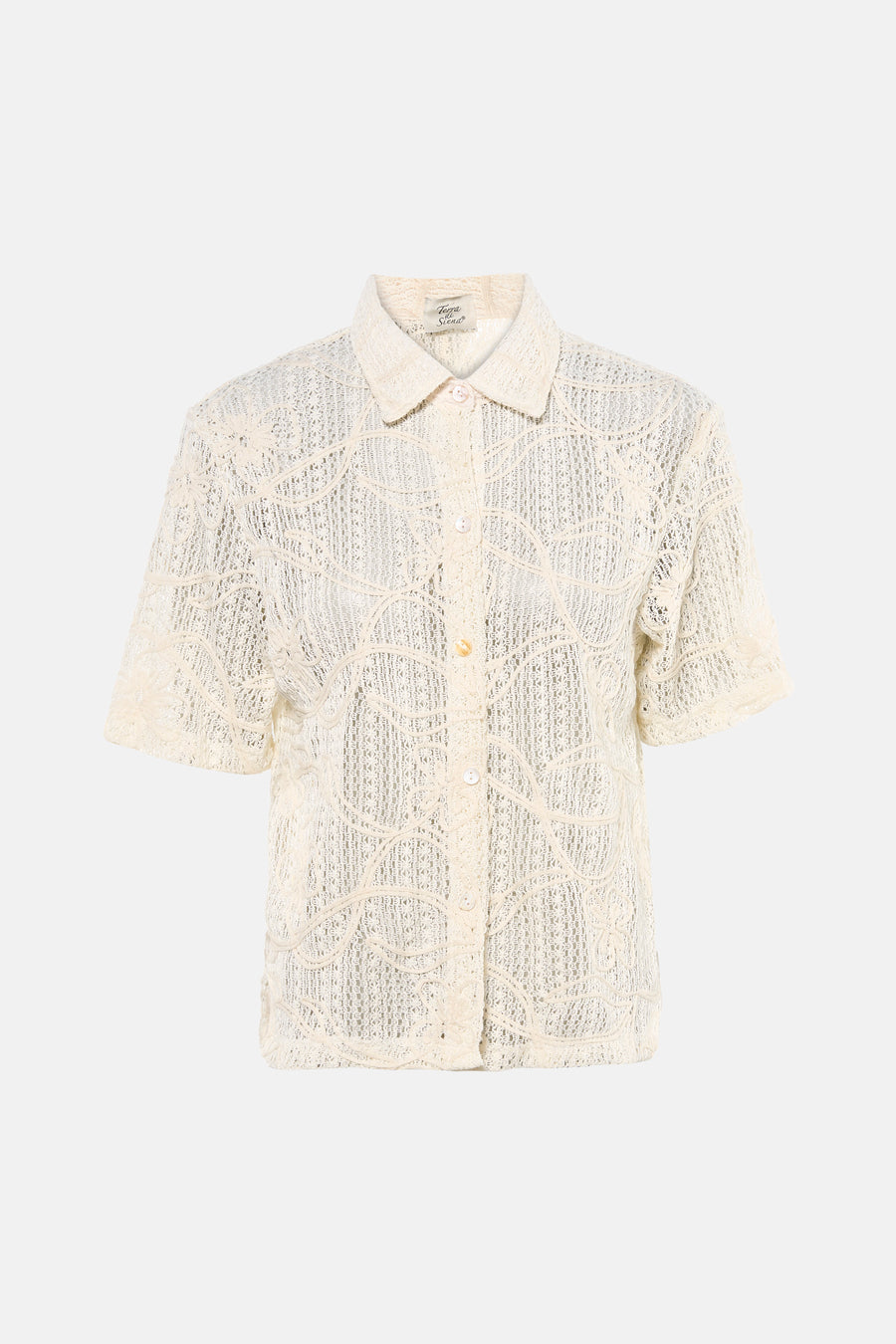 Beige gehaakte blouse met korte mouwen van Terra di Siena, met kraag, knoopsluiting en een sierlijk open-patroon.