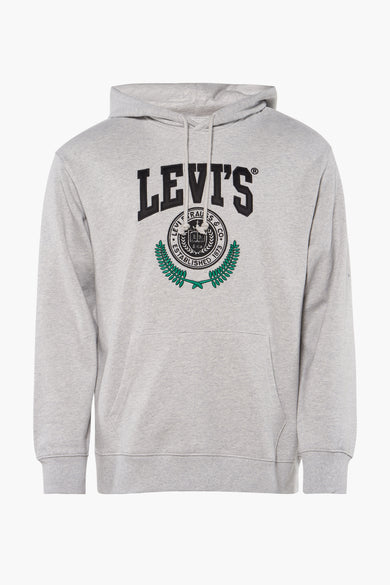 Pull-over gris avec capuche de Levi's, doté d'un logo et d'une couronne de laur vert sur l'avant.