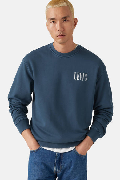 Pull-over bleu de Levi's avec des manches longues et le logo de la marque sur la poitrine, associé à un pantalon en denim.