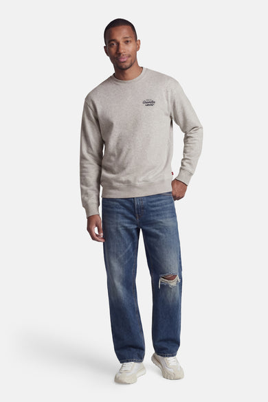Pull gris Levi's® avec imprimé noir 'Gremlin', porté par un homme avec un jean déchiré et des baskets.