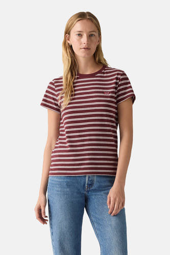 T-shirt Bordeaux à manches courtes de Levi's avec des rayures blanches et un petit logo rouge.
