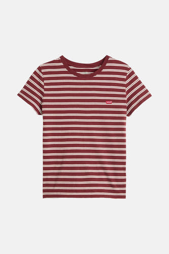 T-shirt rouge bordeaux à manches courtes de Levi's, avec des rayures blanches et un petit logo sur la poitrine.