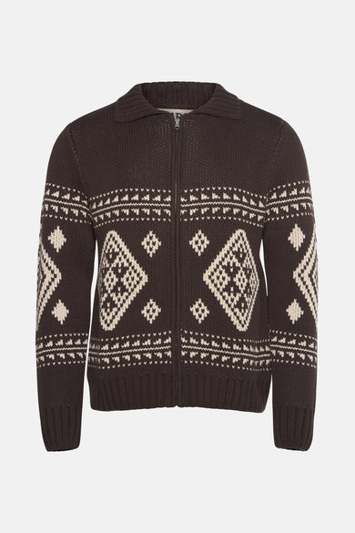 Bruin vest van Le Fabuleux Marcel de Bruxelles met een ritssluiting en geometrische patronen.